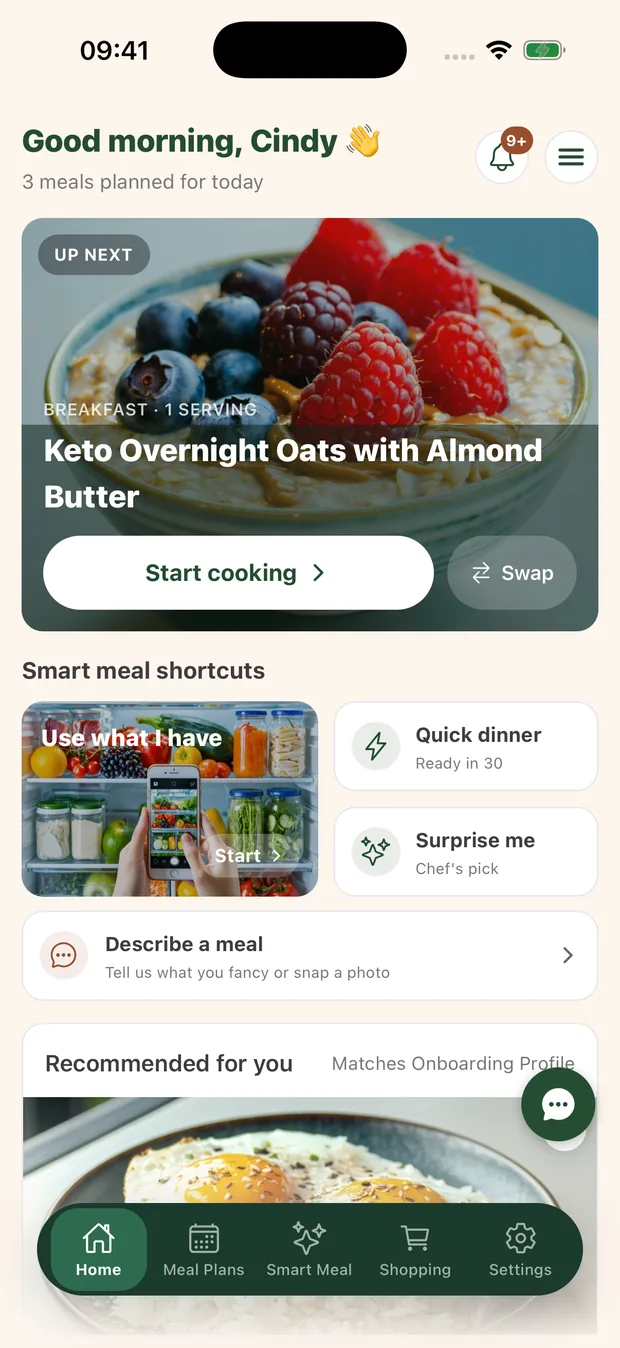 The Meal Hack home screen, showing the next meal to cook and smart meal shortcuts